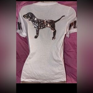 Victoria’s Secret Silver Gold Sequin Bling Dog Logo T-Shirt Size XS